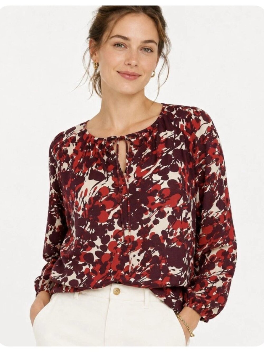 J. Crew Red Burgundy Long Sleeve Tie-Neck Abstract Print Pullover Blouse sz S